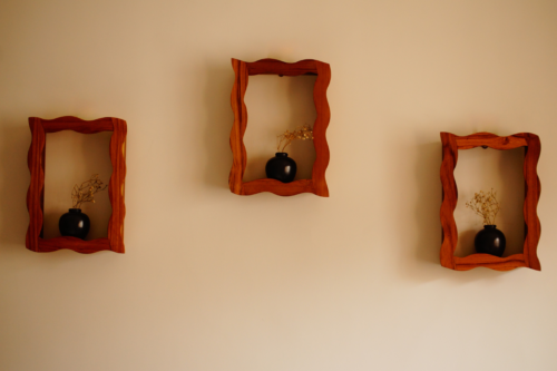 Wavy-Edged Wooden Wall Frame with Miniature Pots